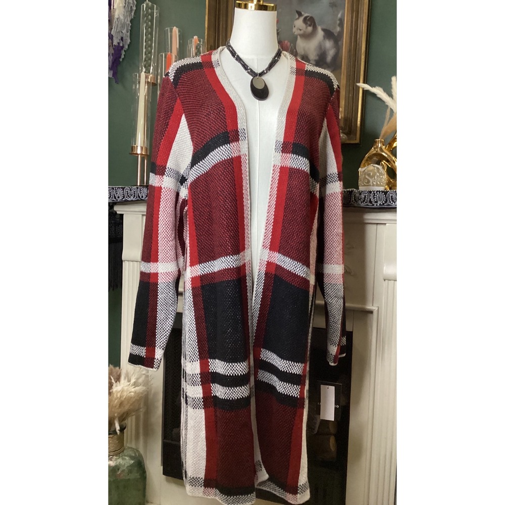 I.N. Studio Woman Red Black White Plaid Longline Cardigan Duster 1X NWT